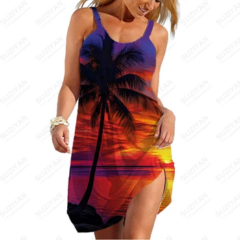 2023 Лятна нова дамска рокля с тиранти Гореща продажба на плаж кокосово дърво 3D отпечатана рокля Висококачествена рокля с голям размер