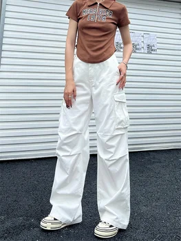 Deeptown Y2k реколта бели карго панталони жени корейски стил кафяв широк крак панталони извънгабаритни улично облекло ретро основни Pantalones