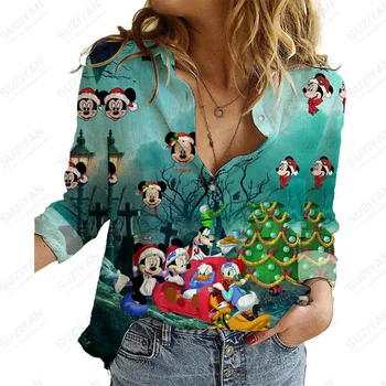 Disney ChristmasTemperament Casual Top Елегантен завой-надолу яка блуза Мики Маус отгоре Мики и приятели случайни жена отгоре