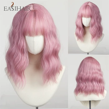 EASIHAIR Pink Cosplay Lolita Synthetic Bob Hair Wigs Short Curly Wave Wigs with Bang for Women Natural Heat Resistant Fake Hair