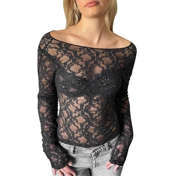 Lace Mesh дълъг ръкав Crop Top за жени без гръб отвесни виждам през блуза секси монтирани излизащи върхове