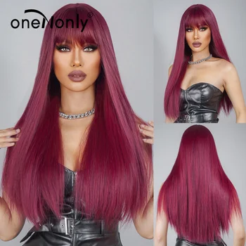oneNonly Дълги прави синтетични перуки червена перука за жени парти косплей Лолита естествена перука с бретон топлоустойчива коса