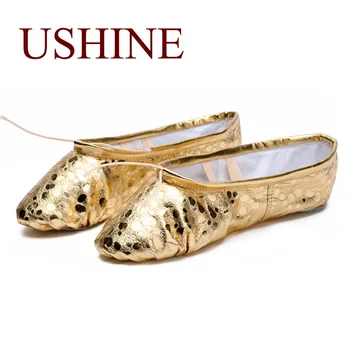 USHINE Нов професионален PU злато сребро обучение тялото оформяне йога чехли корема балет танцови обувки деца момичета жени