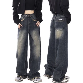 Жени Harajuku шик Y2K торбести дънки висока талия есен зима улично облекло широк крак прав дънкови панталони джобове хлабав панталони