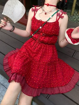 Лятна червена японска Kawaii мини рокля жени лък синьо Лолита сладка каишка рокля женски плаж корейски случайни фея рокля 2023 Ново