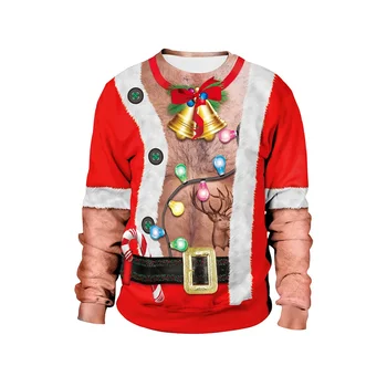 Смешни гърдите коса Коледа цифров печат модел пуловер кръг врата двойка пуловер смешно случайни мода