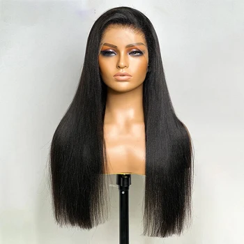 Средна част 180Плътност Preplucked Glueless Short Bob Yaki Kinky Straight Natural Black Lace Front Wig For Women BabyHair Daily