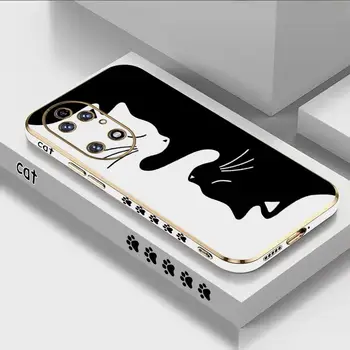 Черно и бяло котка луксозно покритие телефон случай за Huawei P50 P40 P30 P40 Lite P20 Pro Nova 10SE 9SE Mate 50 40 30 Pro капак